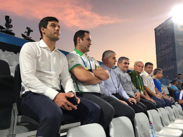 نخستین دوره بازیهای جهانی ساحلی ،قطر؛حضور سفیر و‌ مقامات کمیته ملی المپیک در ورزشگاه کشتی و فوتبال ساحلی